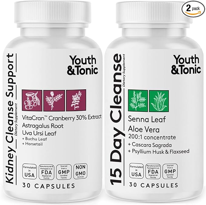 Youth & Tonic 15 Day Colon & Kidney Cleanse – Full Body Detox Pills for Bloating, Gut, Bladder, Urinary Tract & Kidney Flush Support – Senna & Cranberry Herbal Supplement, 60 Pills for Men & Women