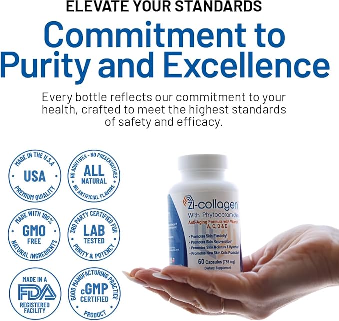 Zi-Collagen - Premium Collagen Capsules with Phytoceramides Hyaluronic Acid and Biotin - Skin Hair and Nails Advanced Anti Aging Supplement - Multivitamin for Women & Men - 60 Pills