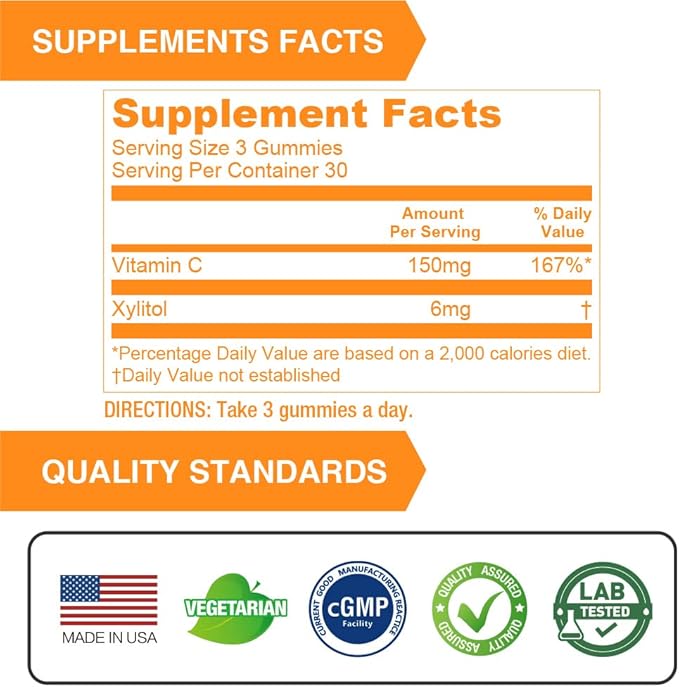 Lovita Vegan Vitamin C Gummies for Kids, Great Tasting Plant-Based Formula, Immune Function Support with Vitamin C 150mg per Daily Servings & Xylitol, Natural Orange Flavored, 90 Gummies (Pack of 3)