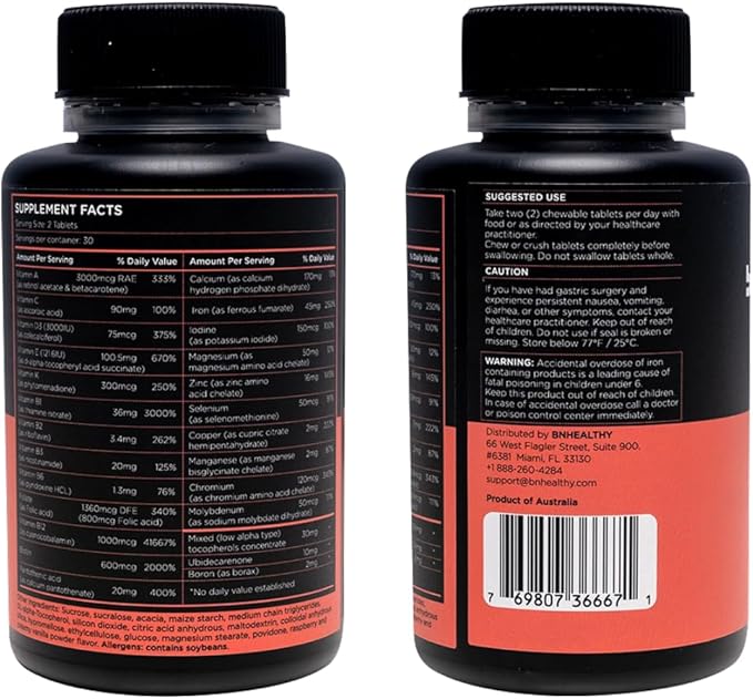 BN Chews Raspberry - Bariatric Multivitamin Chewable with 26 Essential Nutrients: Vitamins A, B6, B12, C, D3, 45 mg Iron & Calcium, Supports Men & Women Health(2 Pack)