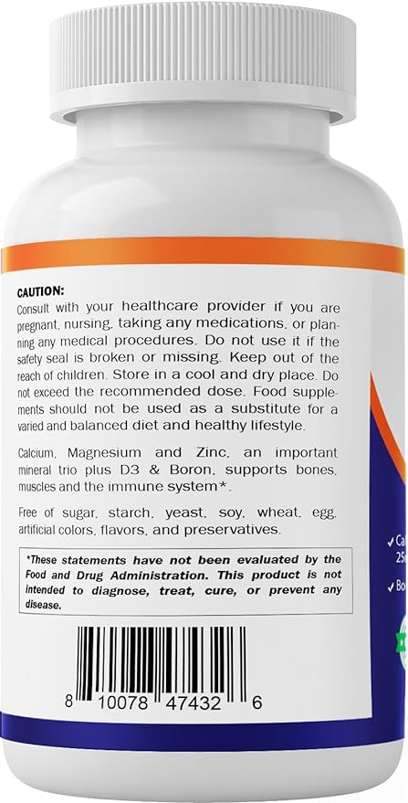 Vitamatic Calcium Magnesium Zinc D3 Boron | 365 Coated Tablets Supplement | Calcium 1200 mg, Magnesium 420mg, Zinc 25mg, Vitamin D3 1000 IU, Boron 1 mg | Non-GMO | Gluten Free | Made in USA