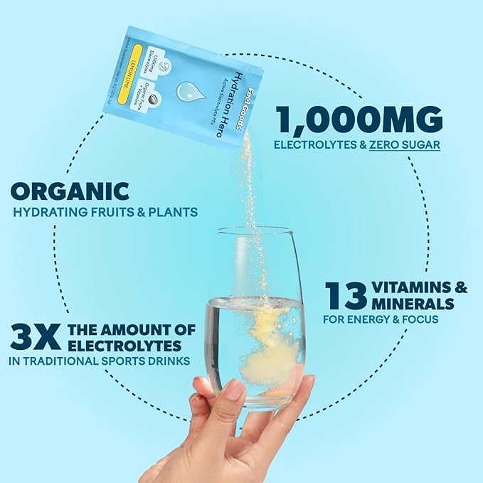 Feel Goods Hydration Hero, 1,000mg Electrolytes Powder, Sugar Free, Magnesium, Organic Coconut Water, L Theanine, Vitamin C & B12, Non GMO, Keto, Vegan, Electrolyte Packets | Guava Fresca, 15 Count