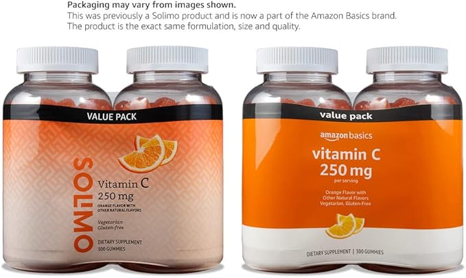 Amazon Basics Vitamin C 250 mg Gummies, Orange, 300 Count (2 Packs of 150), 2 per Serving (Previously Solimo)