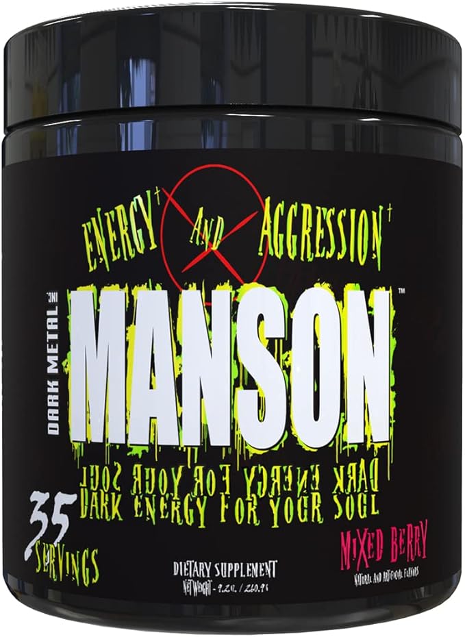 DARK METAL Inc Manson High Stim Pre Workout Powder, Energy Focus Strength, Loaded with Beta Alanine L Carnitine Caffeine Infinergy, 35 Srvgs, Mixed Berry