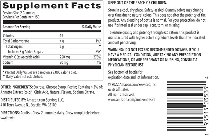 Amazon Basics Vitamin C 250 mg Gummies, Orange, 300 Count (2 Packs of 150), 2 per Serving (Previously Solimo)
