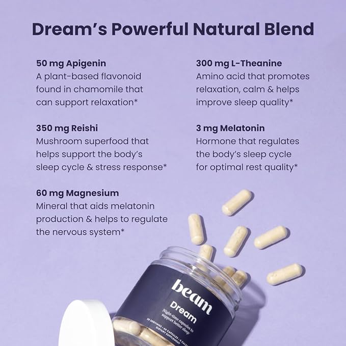 Beam Dream Sleeping Pills, Sleep Aid, Sleep Aids for Adults, Contains Magnesium, Melatonin, L Theanine, Apigenin, Natural Sleep Supplement, Vegan, Non GMO, Dairy Free, 3rd Party Tested, 30 Servings