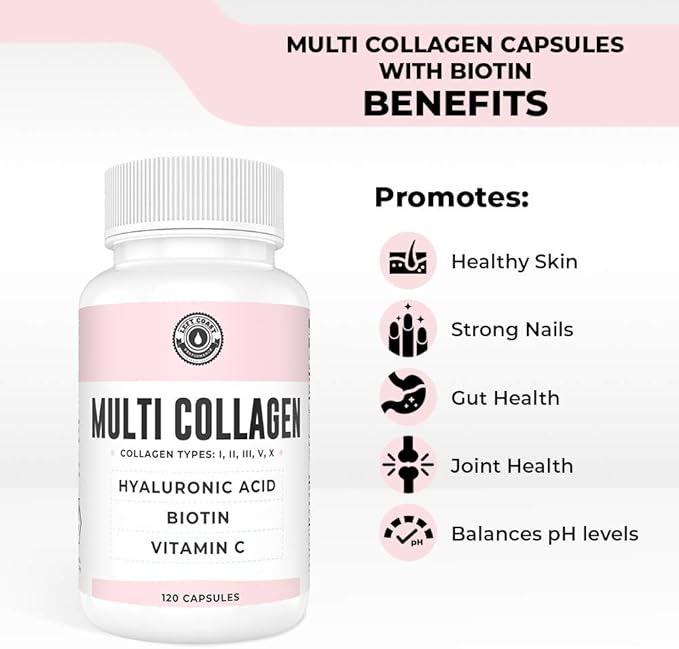 Collagen Capsules with Biotin, Hyaluronic Acid, Vitamin C, Hydrolyzed Multi Collagen Peptide Capsules Types I, II, III, V, X For Skin, Hair, Nails and Joint Health Supplement* 120 Count