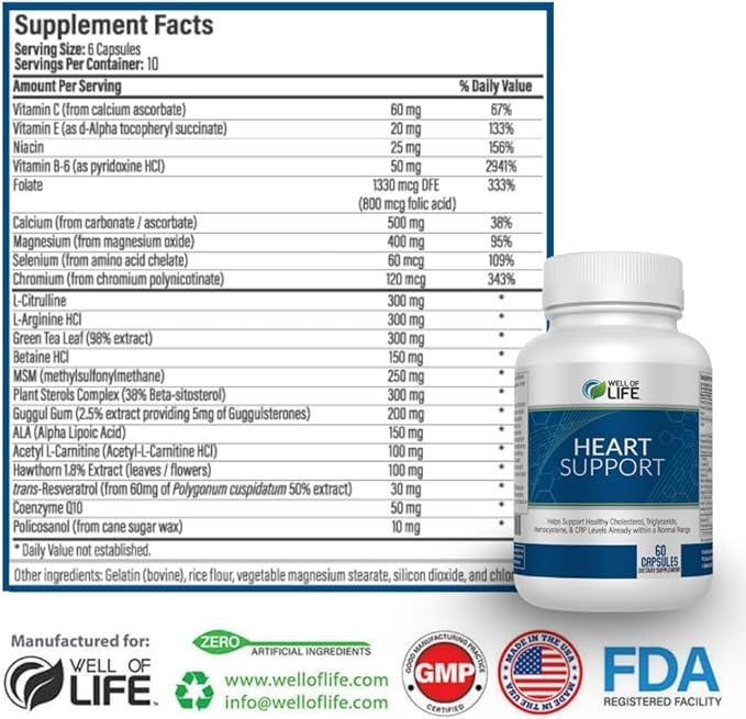 Well of Life Heart Restore: 60 Veg Capsules Helps Healthy Cholesterol, Triglyceride, Homocysteine & CRP Levels Within Normal Range : Made in USA, GMP Certified, Non-GMO