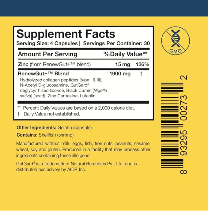 Researched Nutritionals RenewGut+ - GI Complex to Support Gut Lining, Healthy Histamine Levels & Digestive Health - Collagen Peptides, Zinc Carnosine, DGL & N Acetyl Glucosamine (120 Capsules)
