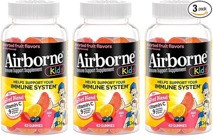Airborne Kids 500mg Vitamin C Gummies, Kids Immune Support Zinc Gummies with Powerful Antioxidants VIT C & E - 63 Gummies, Assorted Fruit Flavor (Pack of 3)