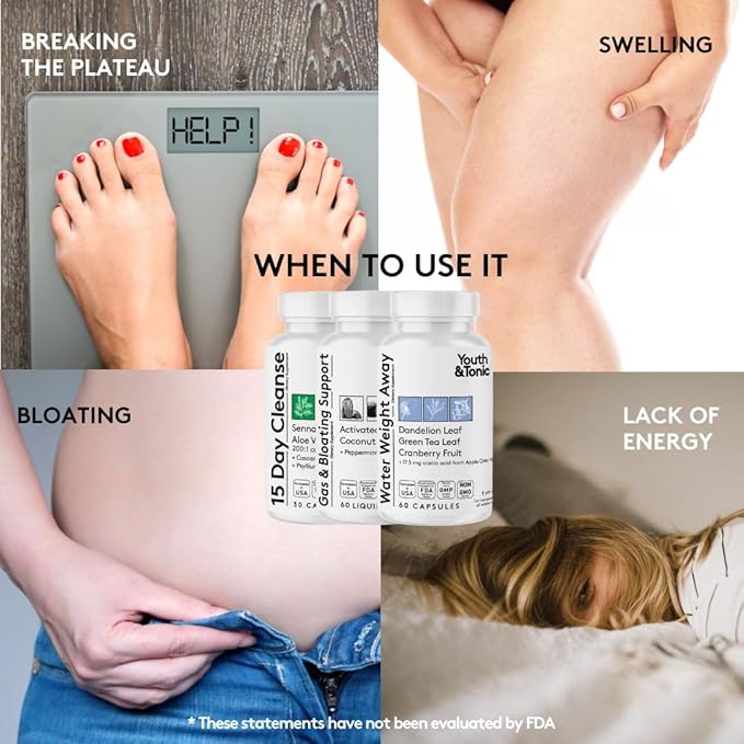 Youth & Tonic 3X Belly Bloating Pills for Puffiness, Water Debloat, Stomach, Gut & Colon Cleanse Detox | with Liquid Activated Charcoal, Coconut & Peppermint Oil, Senna Leaf & More | 150 Capsules