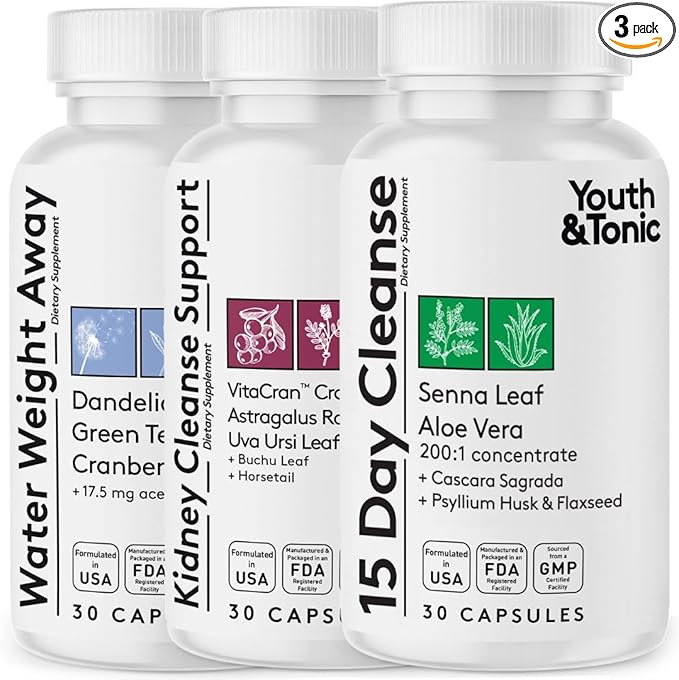 Youth & Tonic Diuretic Full Body Cleanse Detox Pills for Bloating, Puffiness and Swelling, System Flush for Colon, Kidney and Liver Detoxing, 30 Day Supply with Green Tea, Senna, Dandelion, Cranberry