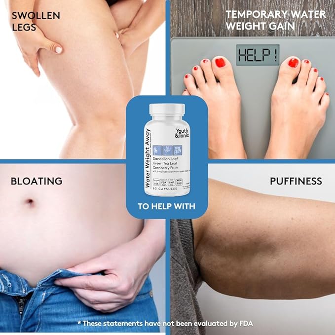 Youth & Tonic Natural Water Weight Away Pills for Belly Bloating, Water Retention & Fluid Loss – Herbal Diuretics for Swollen Legs, Feet, and Swelling – Dandelion Diuretic for Women & Men – 60 Caps