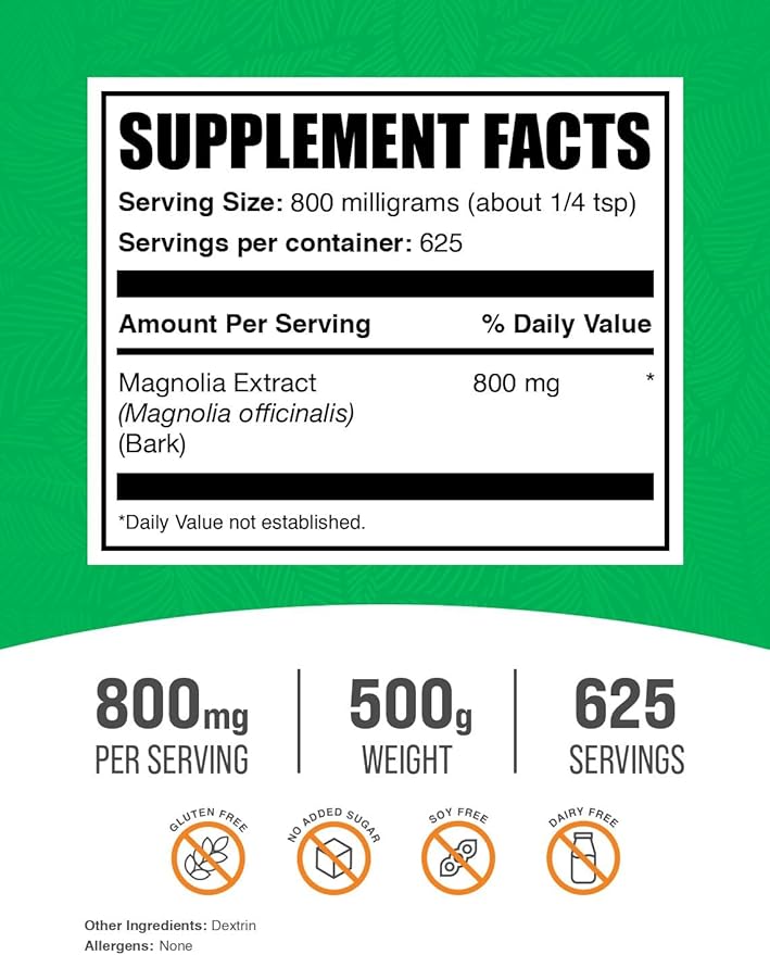 BulkSupplements.com Magnolia Bark Extract Powder - Magnolia Officinalis, Magnolia Bark Supplement, Magnolia Extract - Gluten Free, 800mg per Serving, 500g (1.1 lbs) (Pack of 1)