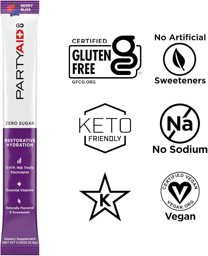 PARTYAID GO Feel Good Tonight and Tomorrow, Zero Sugar, 5-HTP, B-Complex, Milk Thistle, Electrolytes, No Artificial Flavors or Sweeteners, Caffeine-Free, 30 Count (Pack of 1)