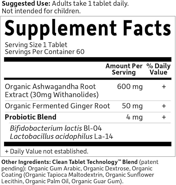 Garden of Life Organics Ashwagandha Stress, Mood & Energy Support Supplement with Probiotics & Ginger Root for Digestion - Vegan, Gluten Free, Non GMO – 2 Month Supply, 60 Tablets