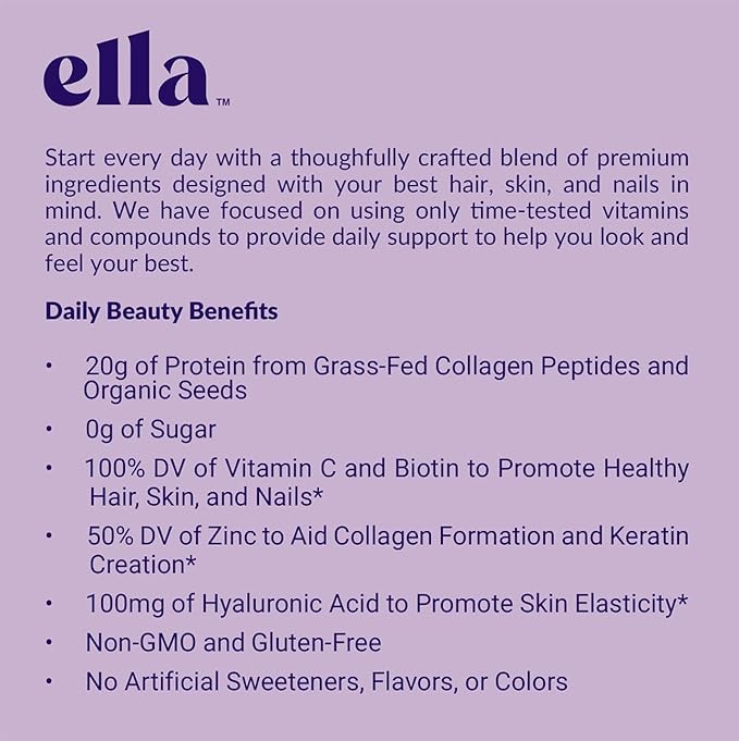Naked Nutrition Ella Vanilla Collagen Protein Powder for Women - Daily Beauty Protein Powder with Grass-Fed Collagen Peptides - Non-GMO, Gluten-Free, No Artificial Sweeteners - 20 Servings