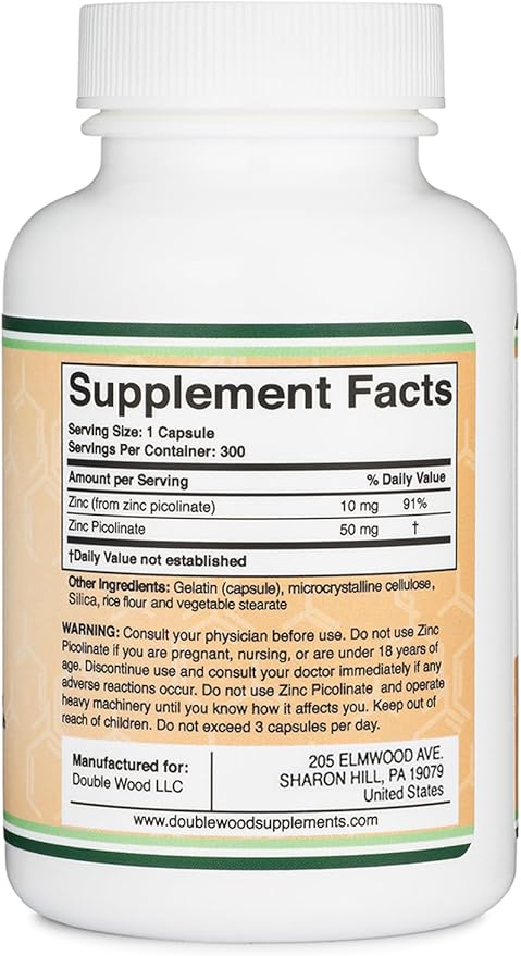 Zinc Picolinate 50mg, 300 Capsules (Immune Support) Non-GMO, Gluten Free (300 Day Supply) by Double Wood Supplements