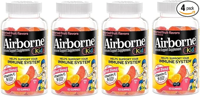Airborne Kids 500mg Vitamin C Gummies, Kids Immune Support Zinc Gummies with Powerful Antioxidants VIT C & E - 63 Gummies, Assorted Fruit Flavor (Pack of 4)