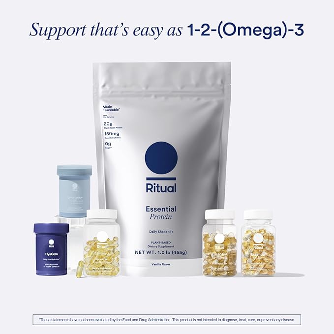 Ritual Omega 3 - Vegan - Science-Backed Dose of DHA & EPA Fatty Acids in 2:1 Ratio, Bioavailable, Brain and Heart Health Support, Minimal Burp-Back, Sustainably Sourced Microalgae, 30 Day Supply