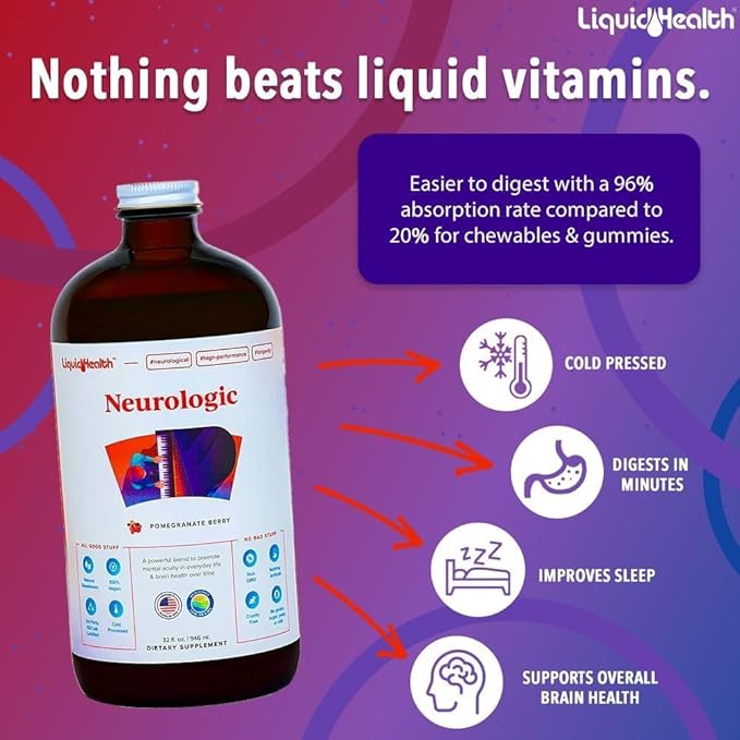 LIQUIDHEALTH 32 Oz Liquid Neurologic Focus Supplement, Nootropic for Cognitive Function, Brain Supplement for Memory & Focus, Brain Booster, Ginkgo Biloba, Choline, L-Theanine (3 Pack)