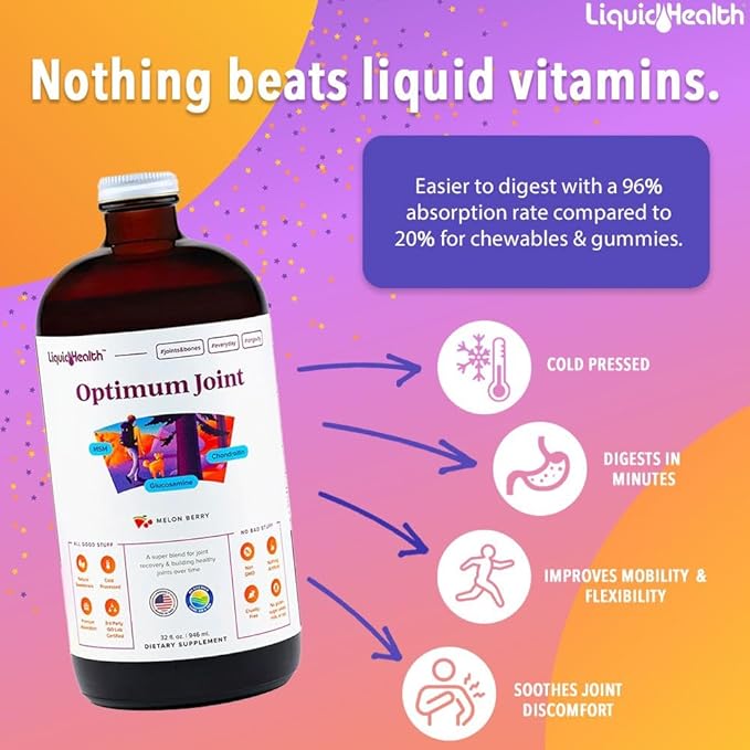 LIQUIDHEALTH Optimum Joint Support Liquid Multivitamin with Glucosamine, Chondroitin, MSM, Hyaluronic Acid - Increase Mobility, Joint Comfort, for Runners & Athletes, Sugar-Free, Vegan (3pack)