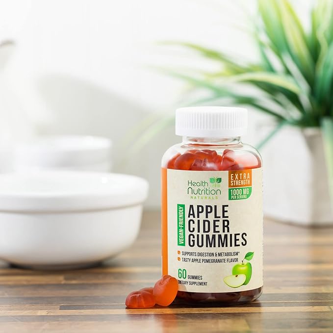 Vegan Apple Cider Vinegar Gummies | Max Strength 1000mg | ACV Supplement Gummy Vitamins for Adults, Supports Digestion, Metabolism, Natural Apple Flavor with Mother, Gluten Free, Non-GMO - 60 Gummies