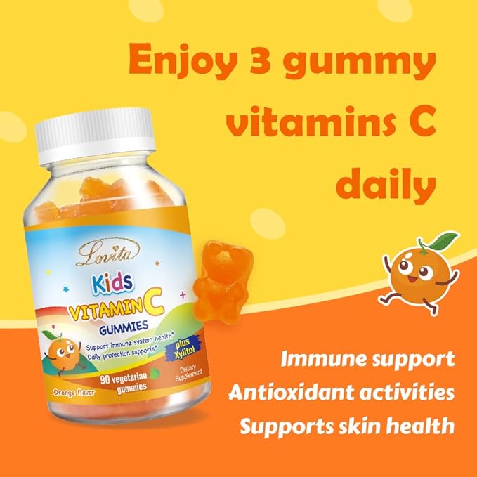 Lovita Vegan Vitamin C Gummies for Kids, Great Tasting Plant-Based Formula, Immune Function Support with Vitamin C 150mg per Daily Servings & Xylitol, Natural Orange Flavored, 90 Gummies (Pack of 3)