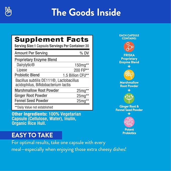 FRISKA Dairy Ease | Digestive Enzymes and Probiotics Supplement | Promotes Better Digestion | Natural Lactose Intolerance Relief & Support | 30 Capsules