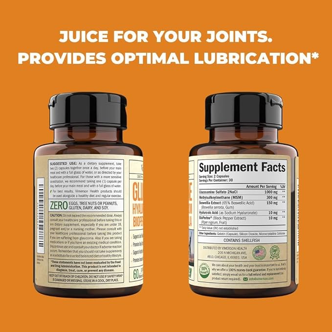Glucosamine Sulfate with Hyaluronic Acid, Bioperine, MSM & Boswellia. 5-in-One Joint Support Supplement. Antioxidant & Inflammatory Support - Joint Health, Flexibility and Comfort. 2 Pack