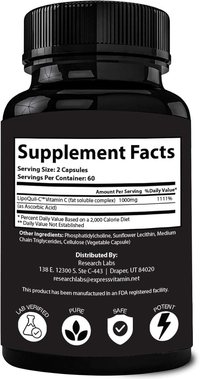 Research Labs Liposomal Vitamin C Supplement w/Enhanced Absorption LipoQuil-C™ | 120 Capsules Immune Support Collagen Booster | High Dose Fat Soluble Vita C 1000mg Buffered | Non GMO, Vegan Pills