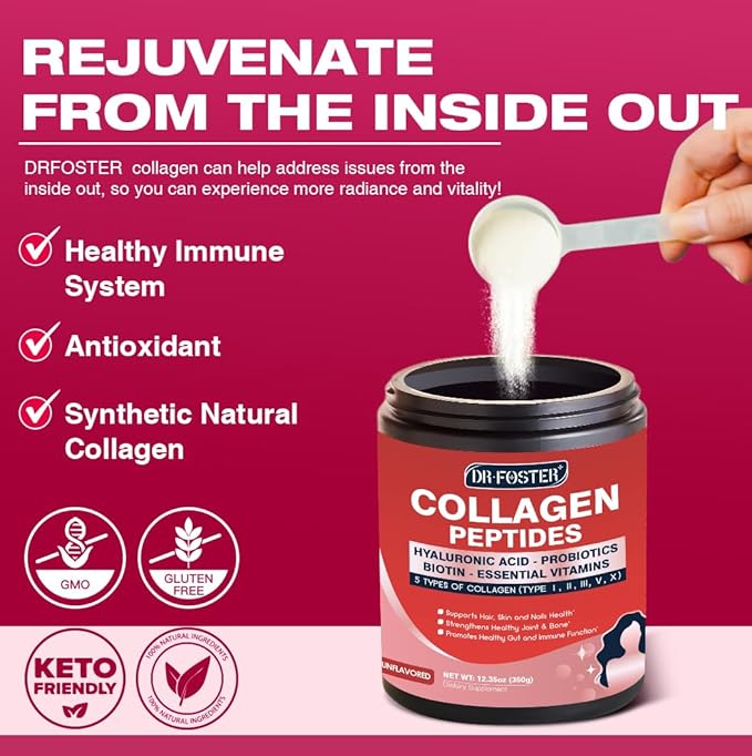 5 Types Collagen Peptides Powder with Probiotics - Hydrolyzed Collagen Peptides with Multivitamins, Hyaluronic Acid & Biotin - Support Skin Hair Nail Joints & Gut