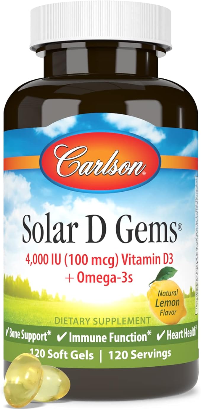 Carlson - Solar D Gems, Vitamin D3 and Omega-3 Supplement, 4000 IU (100 mcg) D3, 115 mg Omega-3 EPA and DHA, Vitamin D Fish Oil Capsule, Bone & Immune Health, Vitamin D Supplement, Lemon, 120 Softgels