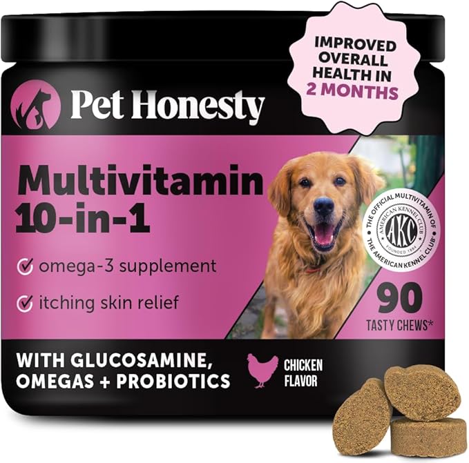 Pet Honesty Multivitamin Dog Supplement, Glucosamine Chondroitin for Dogs, Probiotics, Omega Fish Oil, Dog Supplements & Vitamins, Dog Vitamins for Skin and Coat Allergies, (Chicken 90 ct)