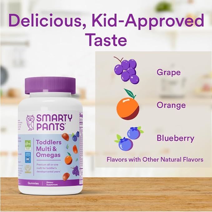 SmartyPants Toddler Multivitamin Gummies: Omega 3 Fish Oil (EPA/DHA), Vitamin D3, C, Vitamin B12, B6, Vitamin A, K & Zinc, Beta Carotene, Gluten Free, Three Fruit Flavors, 90 Count (30 Day Supply)