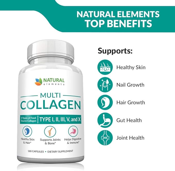 Multi Collagen 180 Protein Capsules - Type I, II, III, V, X Collagen Pills - Proprietary Blend of Eggshell, Chicken, Wild Fish & Grass-Fed Beef Collagen Peptides - 2025mg per serv