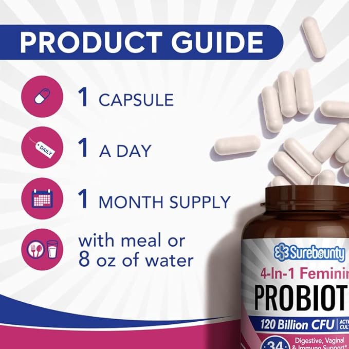 Probiotics for Women, 120 Billion CFU 34 Strains, Prebiotics, Digestive Enzymes, Cranberry, 4-in-1 Feminine Probiotic, Digestive, Vaginal, Immune Support, 30ct