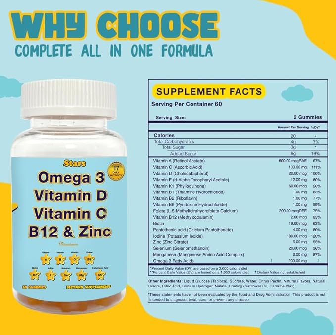 Adult Multivitamin Gummy with Omega 3, Chewable Multivitamin with Selenium, Vitamin A, B, C, D, Biotin, Multivitamin for Women, Multivitamin for Men, 60 Star Shaped Multivitamin Gummies