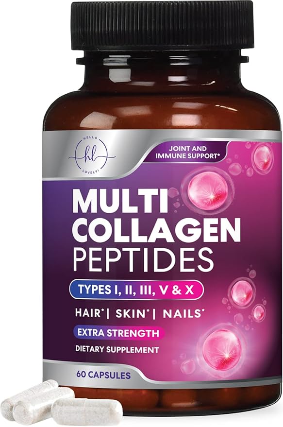 Collagen Peptides Powder Capsules for Women, 1800mg Hydrolyzed Collagen Type I, II, III, V & X, Hair, Nail, Skin, Bone & Joint Support, Collagen for Women & Men, Grass-Fed Collagen - 60 Capsules