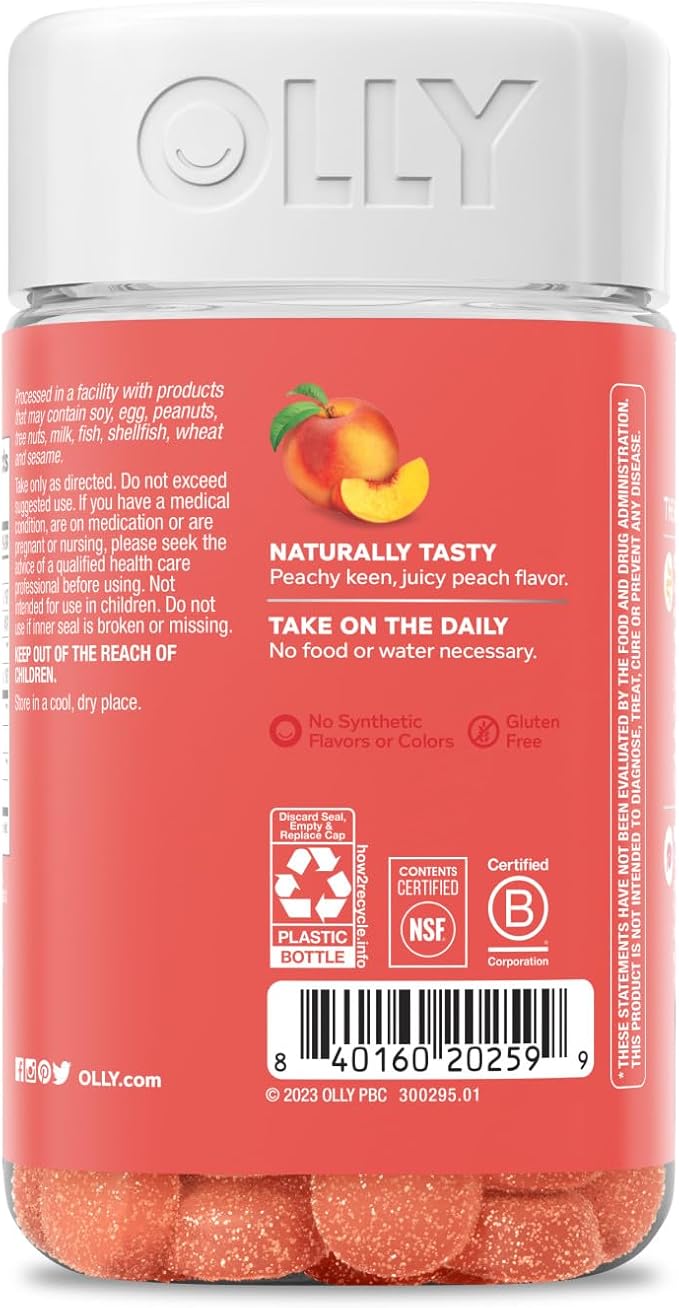 OLLY Probiotic + Prebiotic Gummy, Digestive Support and Gut Health, 500 Million CFUs, Fiber, Adult Chewable Supplement for Men and Women, Peach, 60 Day Supply - 60 Count