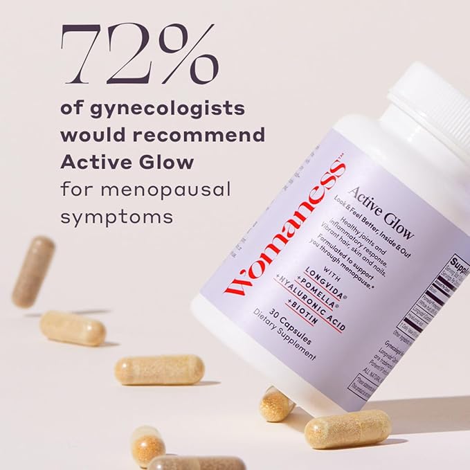 Womaness Active Glow Hair Skin and Nails Vitamins - Biotin, Longvida Curcumin & Hyaluronic Acid Supplements for Joint Health, Dry Skin & Thinning Hair (30 Capsules)