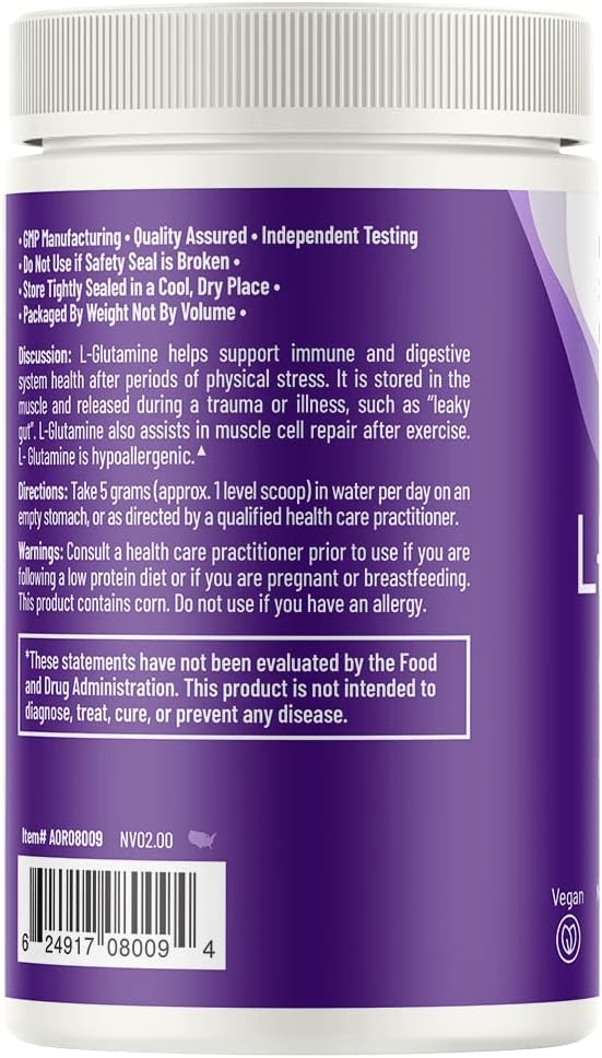 AOR L-Glutamine Powder 450g, Supports Immunity and Gut Health, Dietary Supplement, 90 Servings