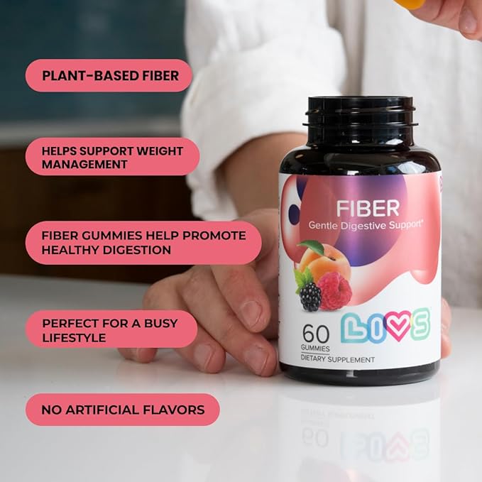 LIVS Fiber Gummy Vitamin - Fiber Gummies, for Adults, Gut Health, Digestive Support, Supplements, All-Natural, Gluten-Free, Non-GMO - Raspberry, Peach & BlackBerry Flavored, 60 Count