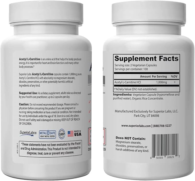 Superior Labs | Acetyl L-Carnitine 1000mg | 200 caps | Maximum Absorption | Pure Vegetable Capsules | Zero Synthetic Additives | Superior Absorption