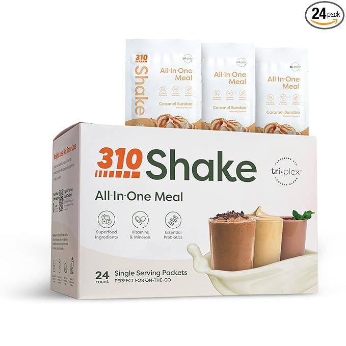 310 Nutrition – All-In-One Meal Replacement Shake - New Formula with Fiber Rich Vegan Superfood Blend - Natural Sweeteners - Low Carb Shake, Keto & Paleo Friendly - Gluten Free - 26 Essential Vitamins & Minerals - Variety Shake Box - Caramel Sundae