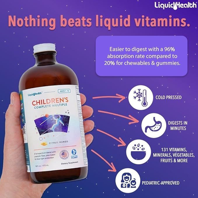 LIQUIDHEALTH 16 Oz Kids Liquid Multivitamin Complete Multiple for Children, Toddlers - Essential Vitamins & Minerals Supplement, Immune Support, Gluten Free, Non GMO, Prebiotic Fiber