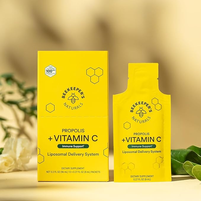 Propolis Liposomal Vitamin C by Beekeeper's Naturals, 1000mg Vitamin C, Propolis & Organic Honey, Supercharged Immune Support & Increased Bioavailibity for Max Absorption, 12 Ct