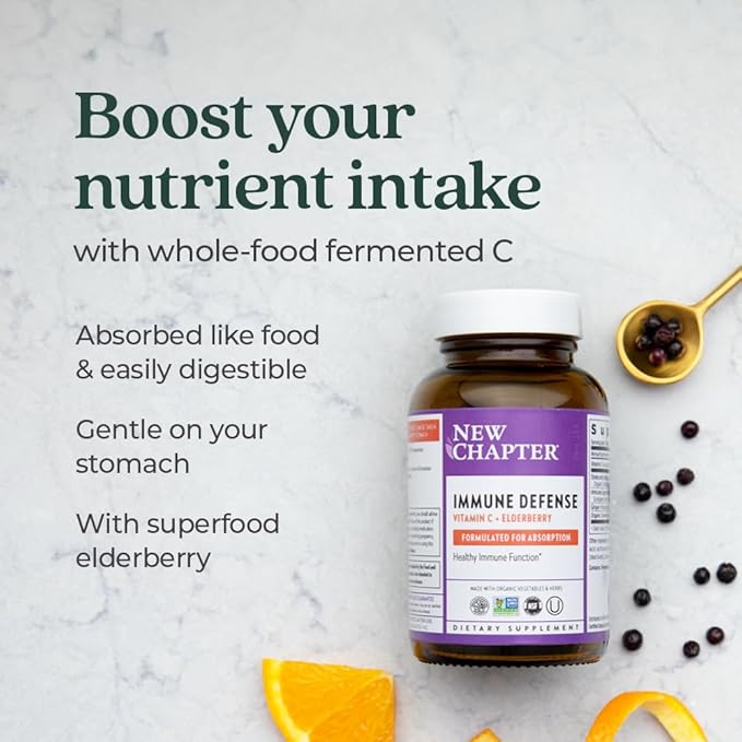 New Chapter® Vitamin C Immune Defense Supplement + Elderberry – Excellent Source of Vitamin C, One Daily Tablet for Healthy Immune Support, Made with Organic Herbs, Non-GMO, Gluten Free, 30 ct