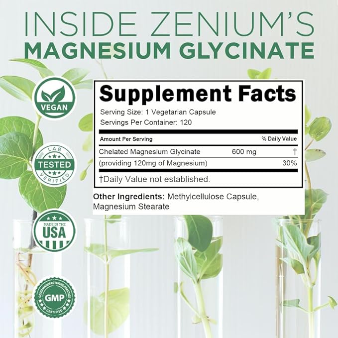 Zenium - Magnesium Glycinate 600 mg per Serving, 120 Capsules | Relieve Stress, Tension, Worry, Nervousness, & Irritability | Calm The Mind & Body | Ayurvedic | Natural Relief Supplement