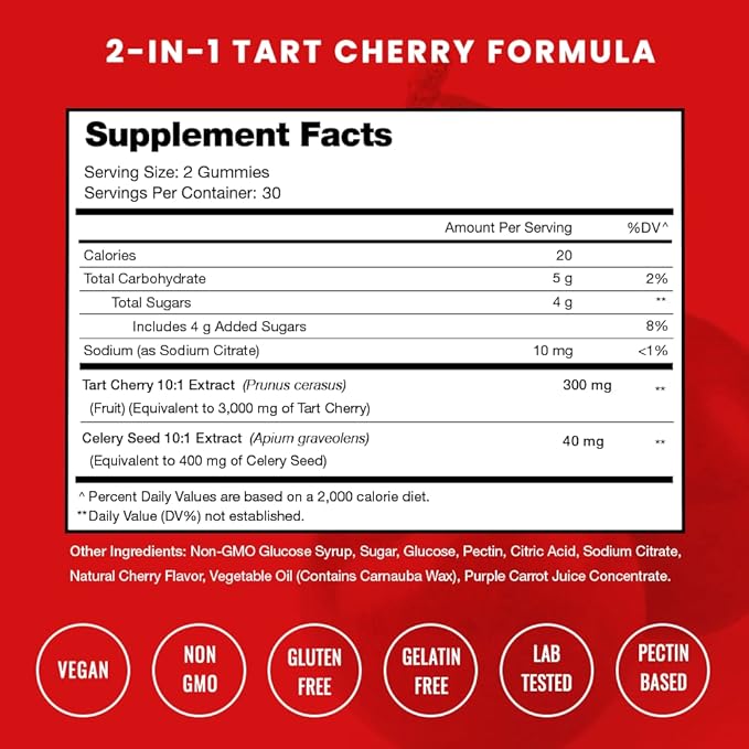 NutraChamps Tart Cherry Gummies - 3000mg Tart Cherry Extract with Celery Seed - Uric Acid Cleanse Supplement - Antioxidant, Joint Comfort, Flexibility, Immune Health, Sleep - 60 Vegan Gummies
